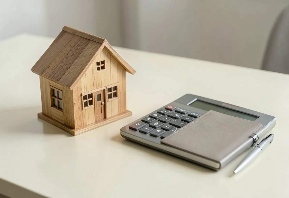 A small wooden model house beside a calculator